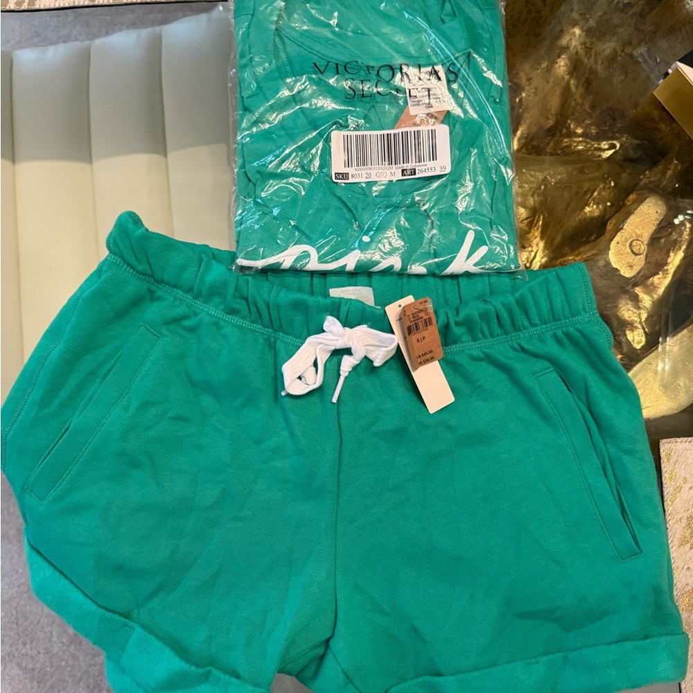 Victoria's Secret PINK Teal Logo Boyfriend Shorts Sz S and Tank top Sz M New
